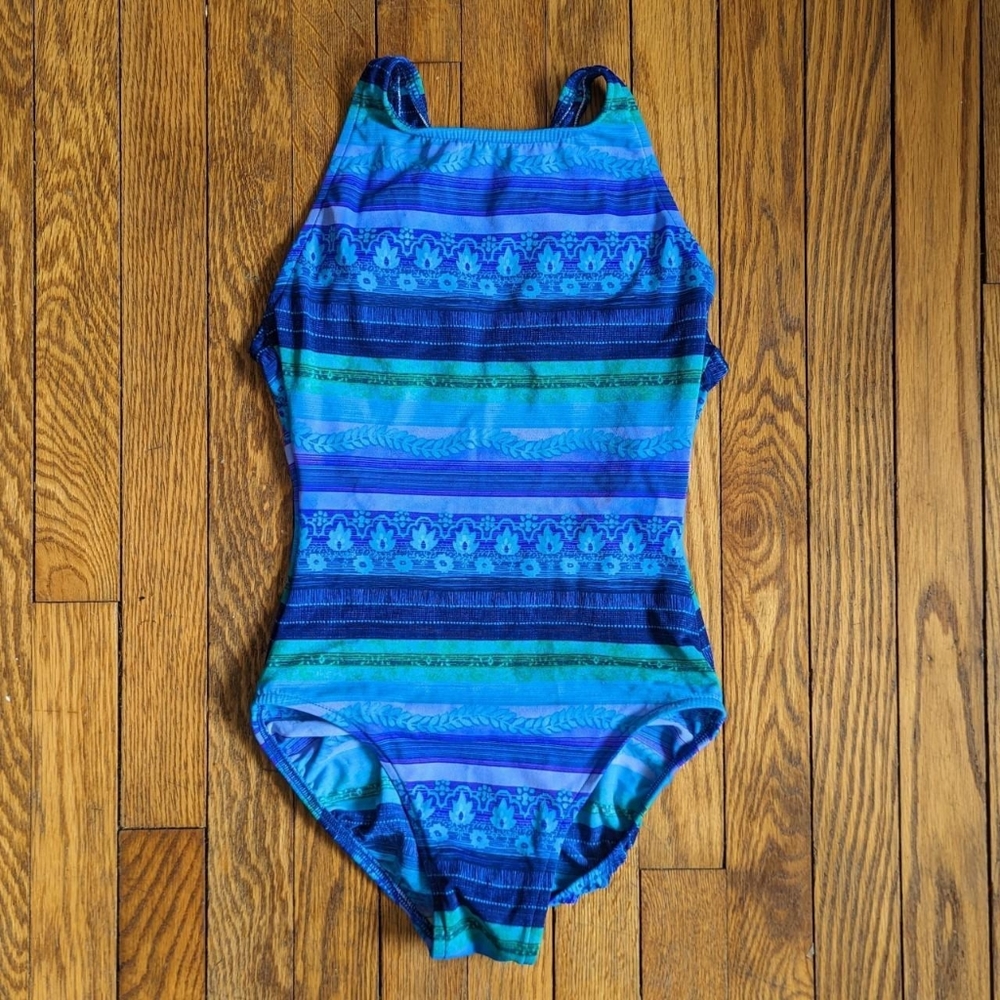 Vintage 90's Striped Floral Geometric One-Piece Bathing Swim Suit
